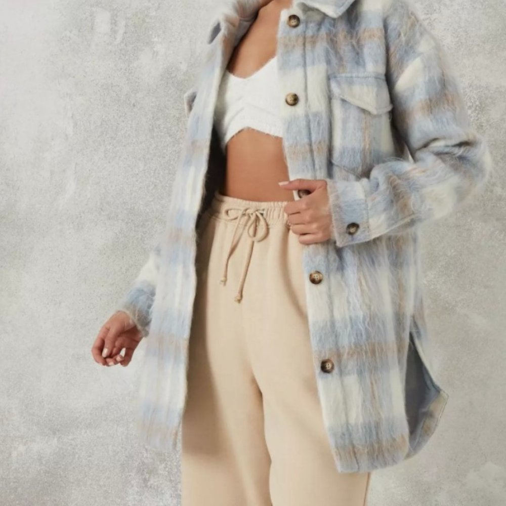 blue brushed plaid shacket Missguided
